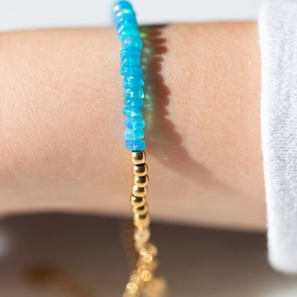 Blue Fire Opal Beaded Bracelet Gold Chain Waterproof Ethiopian Opal Bracelet - Picture 4 of 12